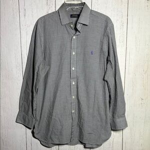 Polo Ralph Lauren Black White Gingham Purple Crest Collared Button Down 16 1/2